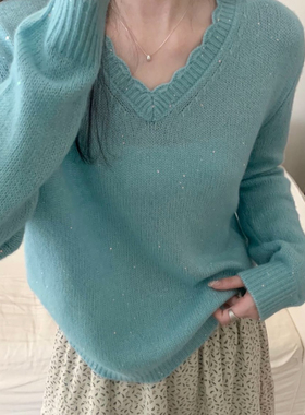 MORROW-龙色鸡心花边领亮片套头保暖毛衣（含3.0羊驼毛）LSH802-1