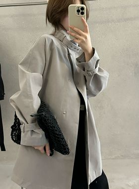MMC-版宽松显瘦休闲插肩袖立领中长款外套风衣(配腰带)53W81010-1