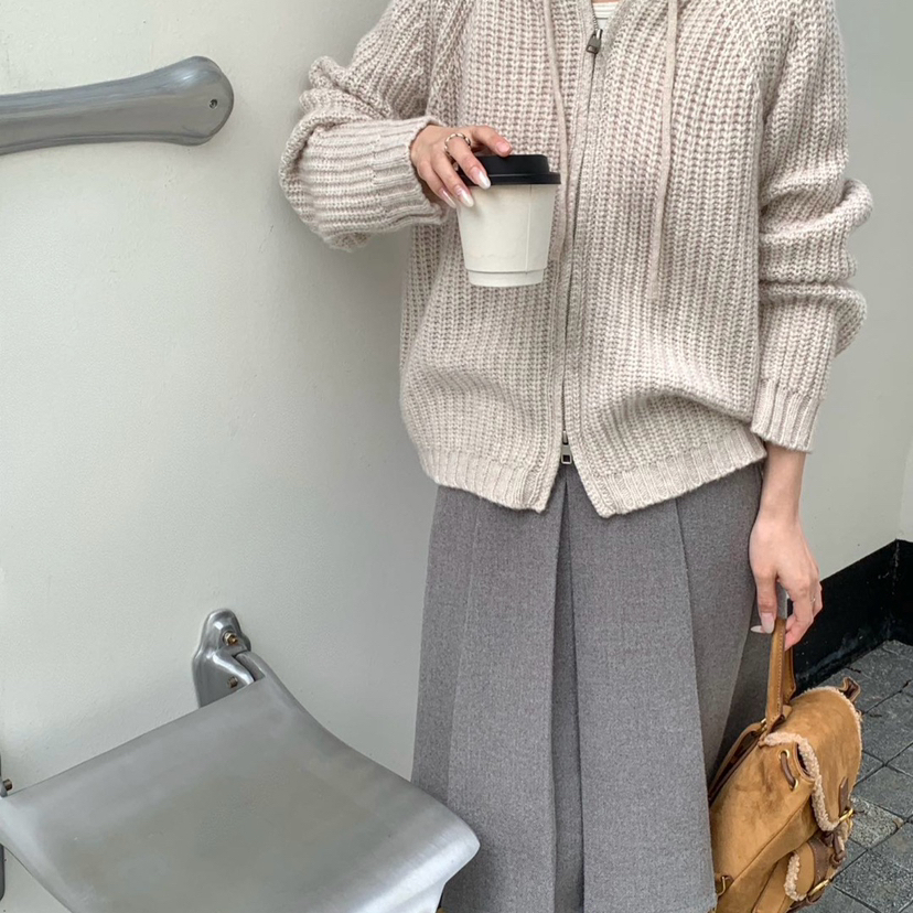 ALLOO-冬上新三针坑条拉链连帽开衫保暖毛衣L39385