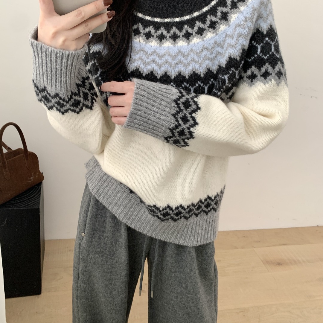 LO-提花加厚粗针保暖全羊毛圆领套衫保暖毛衣（含100绵羊毛）6373