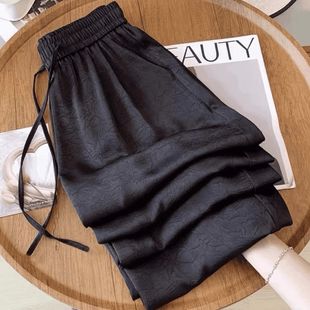 醋酸真丝窄版阔腿裤女中式2025提花夏季新款直筒缎面高腰休闲长裤