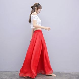 大码红色高腰休闲夏季薄款宽松双层马面裙内衬阔腿裤女飘逸垂感