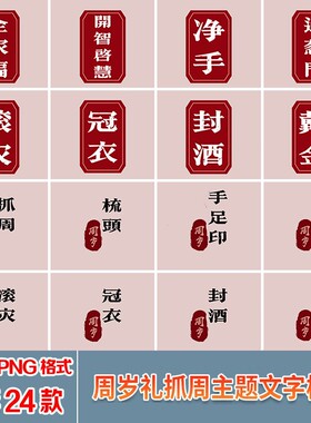 原创周岁礼净手冠衣文字PSD模板 宝宝抓周手足印png免扣字体素材