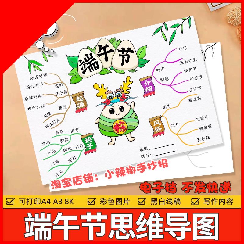 端午节手抄报模板小学生传统习俗思维导图纪念屈原儿童画涂色线稿