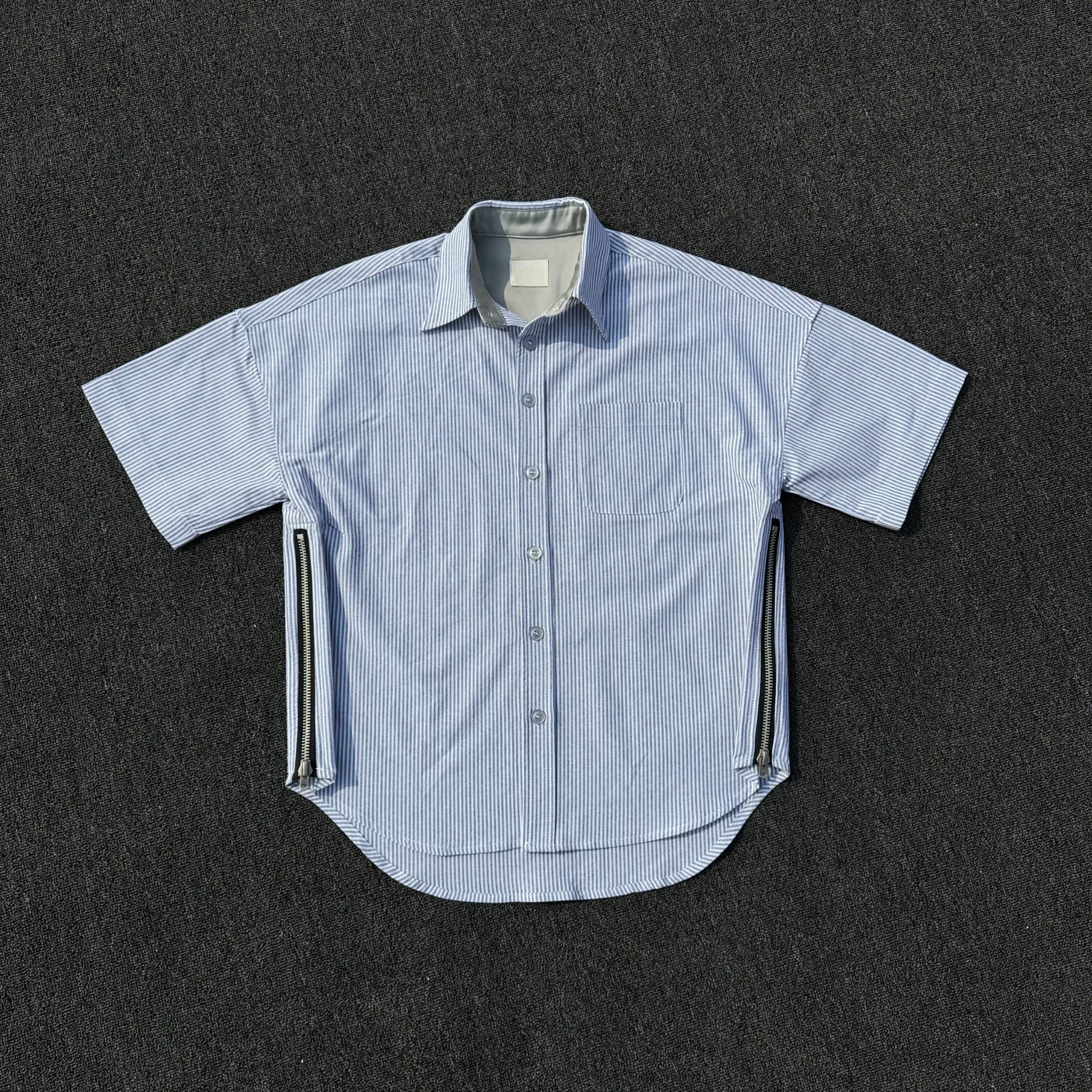 明亮叔出品4th第四季牛津条纹病号服衬衫高街风格比伯同款五分袖