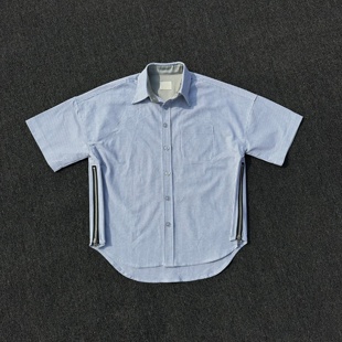 明亮叔出品4th第四季牛津条纹病号服衬衫高街风格比伯同款五分袖