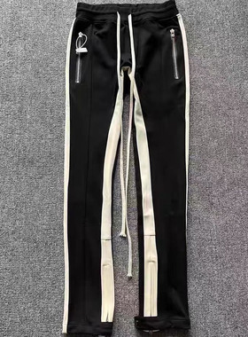 明亮叔出品5th第五季黑红白校裤高街限定拼接堆积主线长裤男女