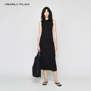 连衣裙不对称裁剪长裙女 2024年春季 优雅黑色无袖 新款 YEARLY PLAN