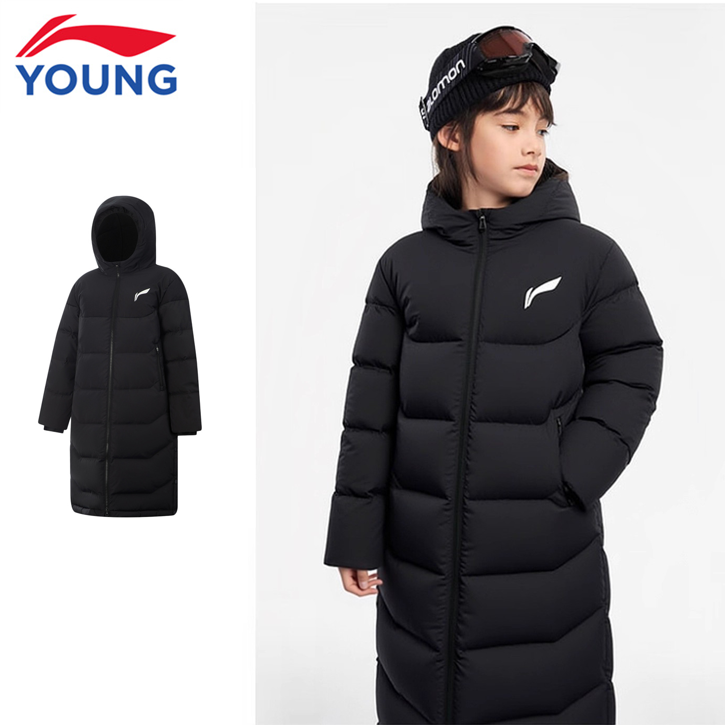 李宁儿童超长款羽绒服男大童冬季保暖鸭绒连帽简约防泼水运动外套
