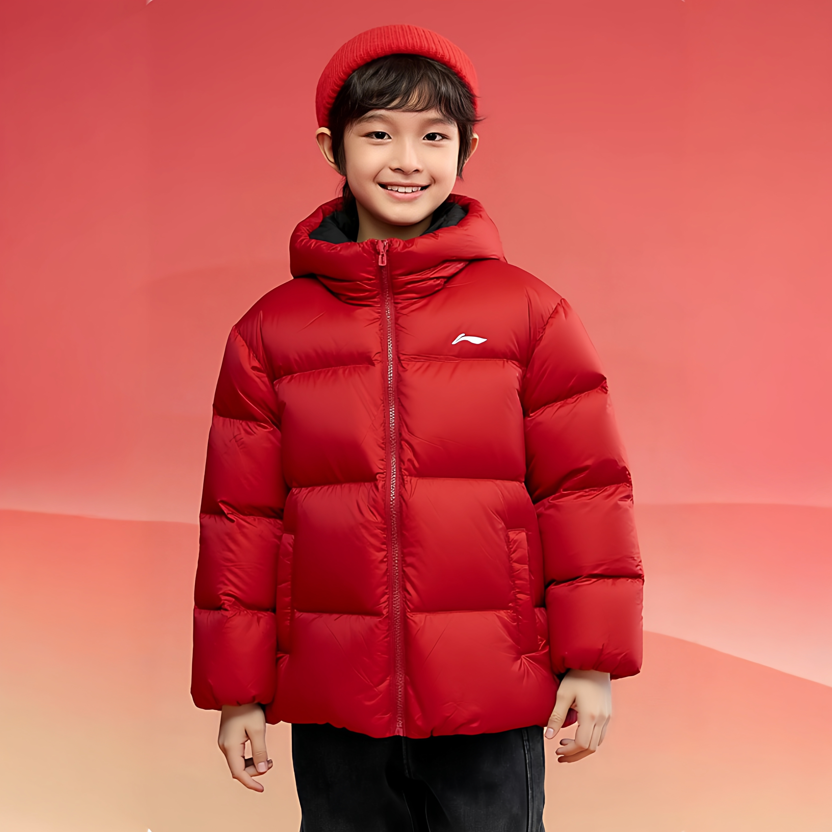 李宁儿童羽绒服新年款26马年本命年正红色青少年保暖休闲鸭绒外套