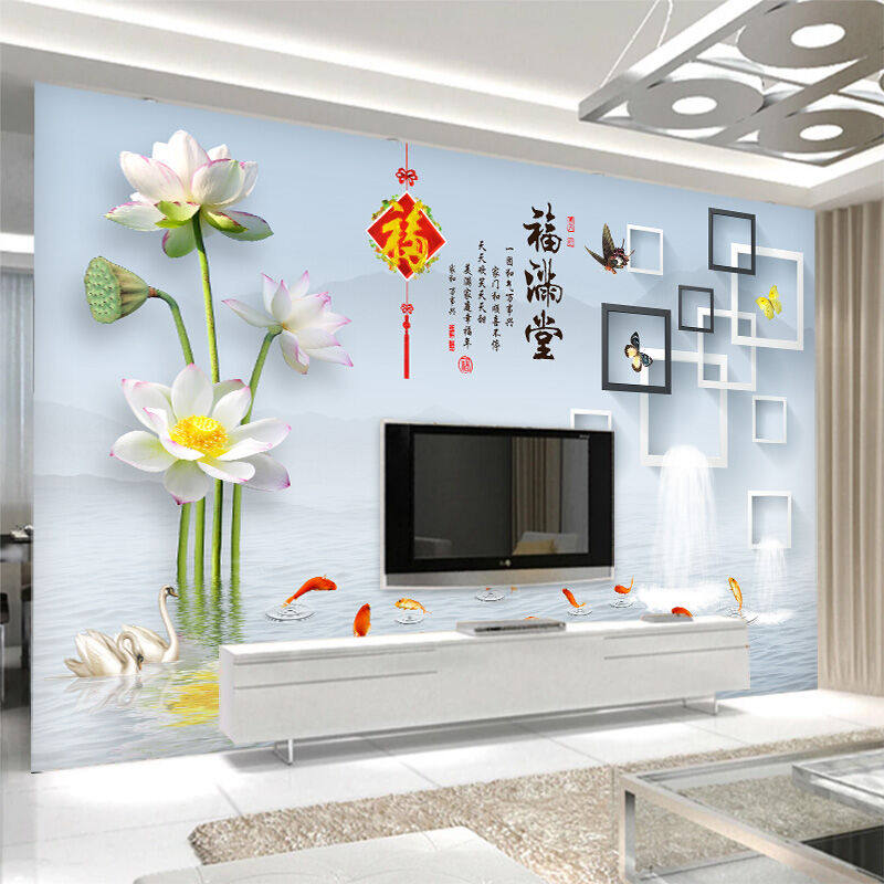 电视背景墙壁纸简约现代3d立体中式海纳百川客厅影视墙壁纸定制天