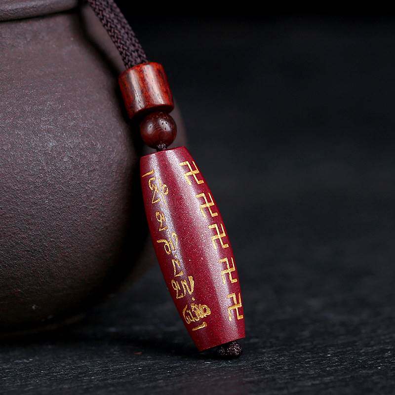 天然高含量朱砂工手串六字真言桶珠紫金砂烫金唵嘛呢叭咪吽吊坠