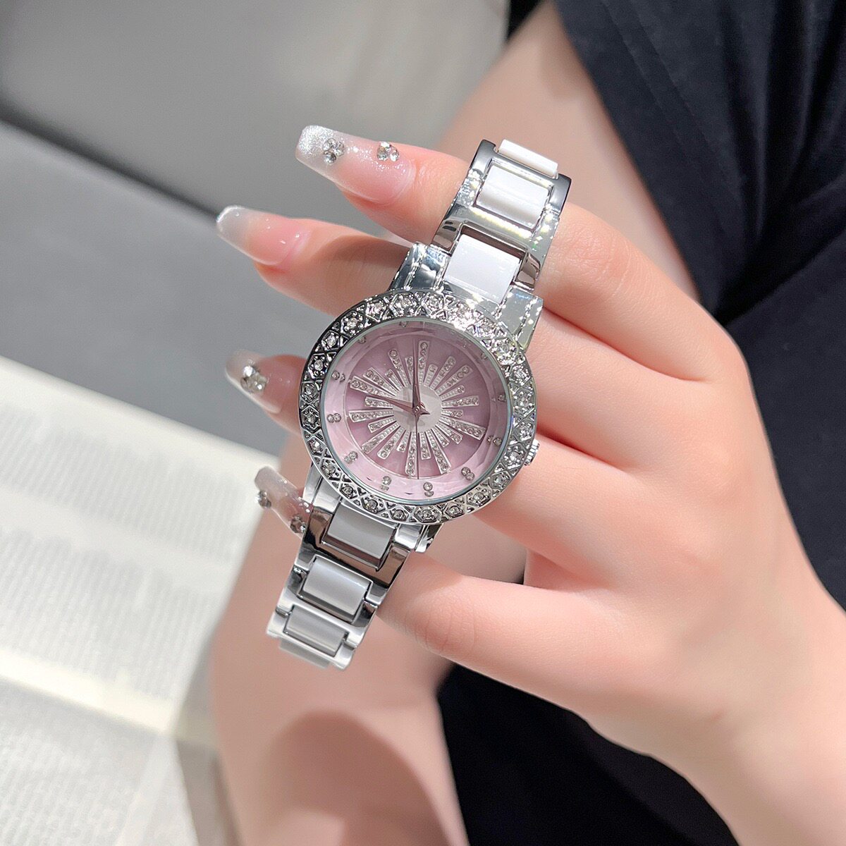 六芒星转盘表轻奢小众时来运转满钻太阳花旋转陶瓷高级感女士手表