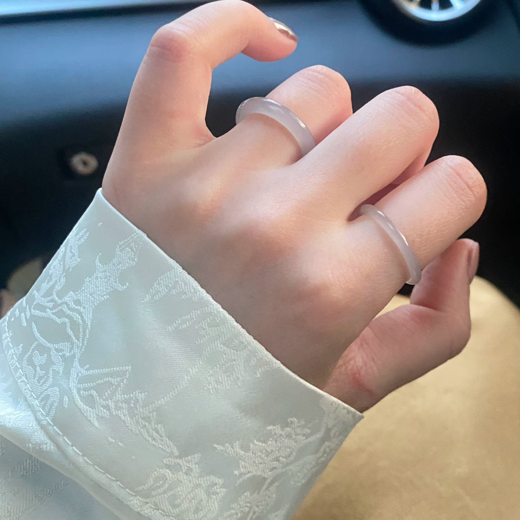 和田玉戒圈细条 烟紫碧玉白冰糖白藕粉晴水 【七七珠宝】【专拍】