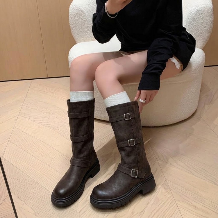 曼野英伦风皮带扣骑士靴女粗跟长筒靴显瘦百搭机车靴日常舒适简约