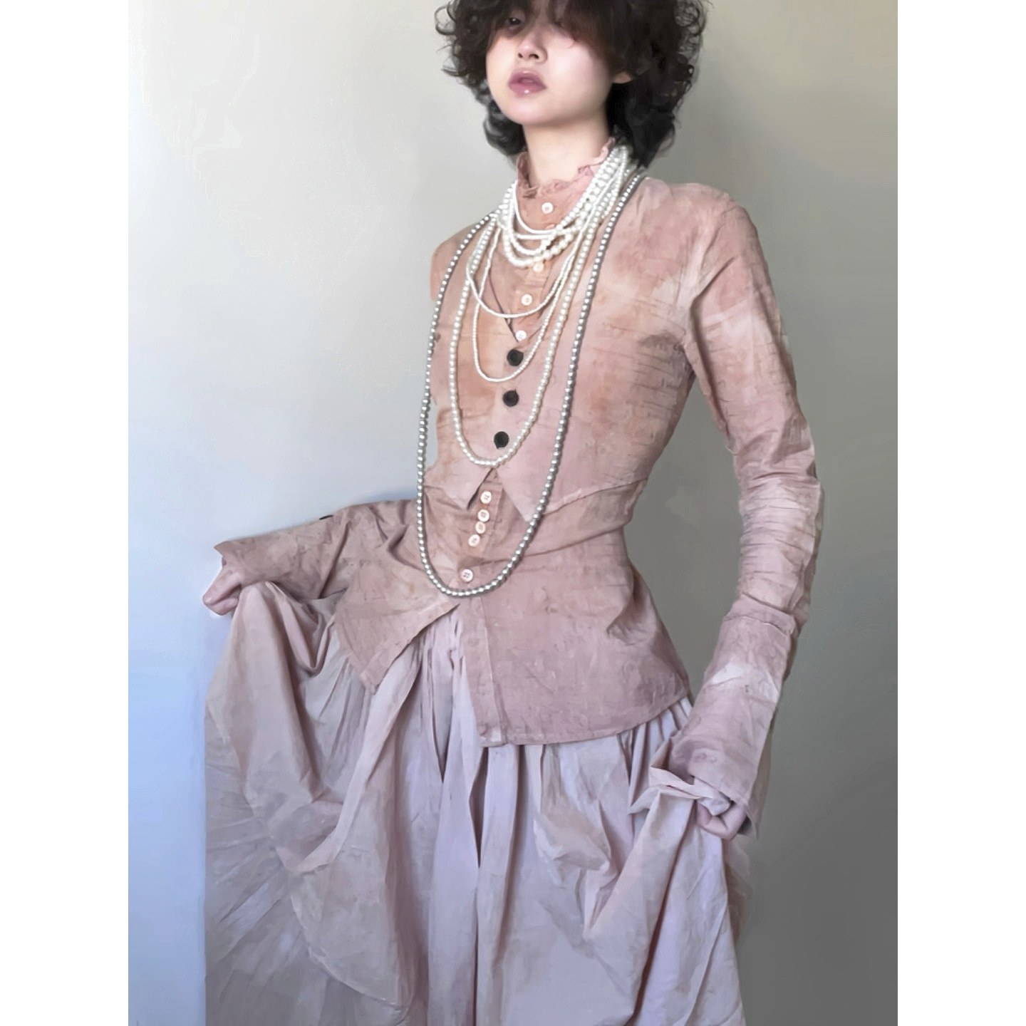 第二次心跳·非遗植物染·原创粉色扎染衬衫长袖上衣蓬蓬裙裙套装,女装/女士精品,职业女裙套装,淘宝优惠券,粉丝福利购,淘宝优惠卷