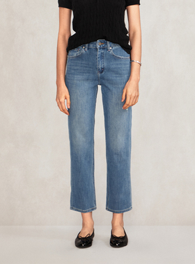 EATMI「摩登剪裁」系列 复古高腰烟管九分直筒弹力牛仔裤Z03