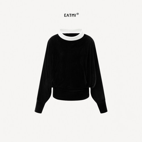 EATMI【午夜赫本】法式慵懒丝绒翻领气质显瘦蝙蝠袖长袖上衣