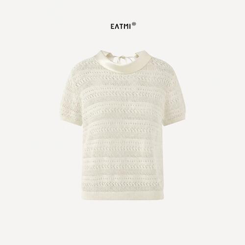 EATMI醋酸领拼接镂空针织短袖