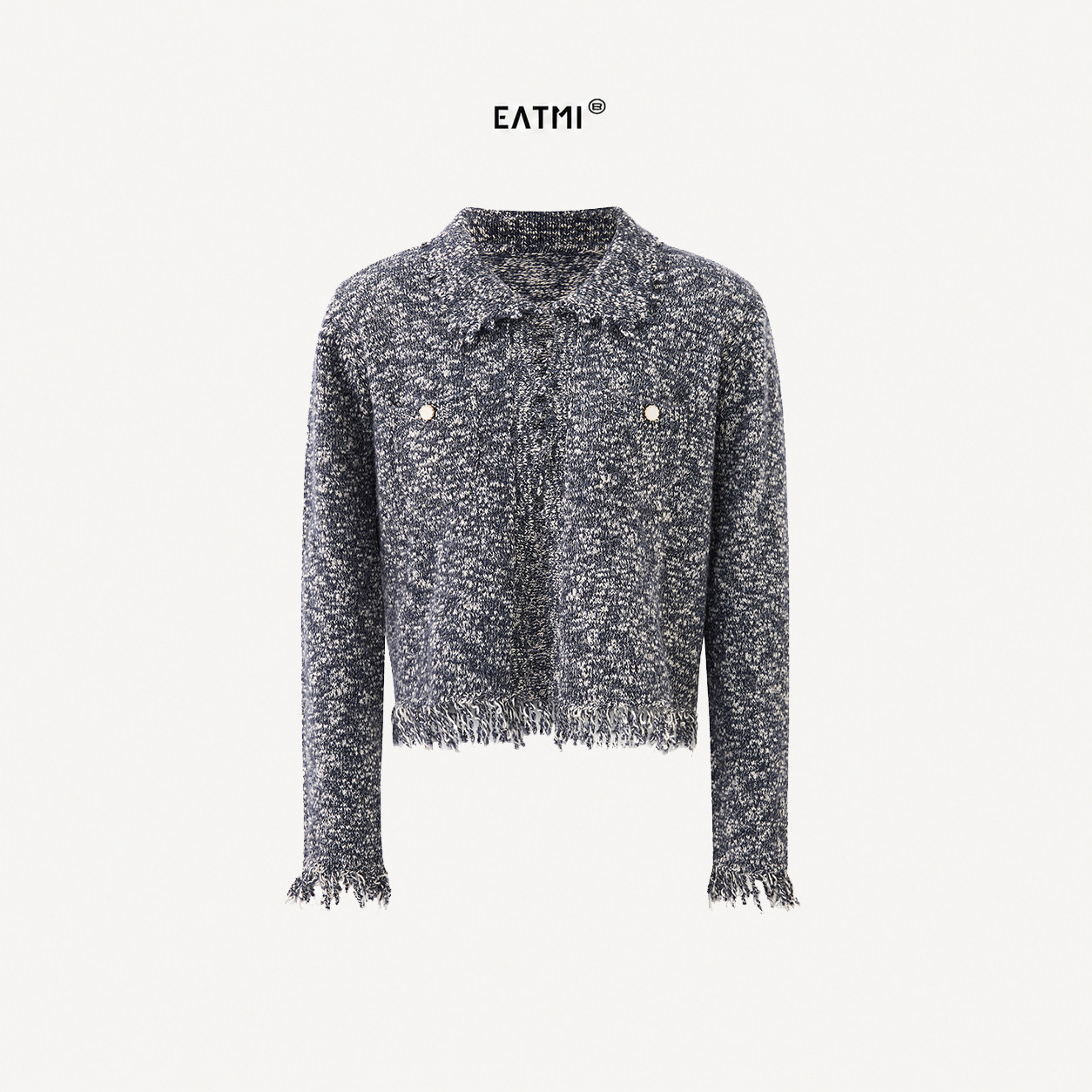 EATMI【海盐蓝调】蓝白杂纱流苏小香风针织开衫女秋冬毛衣外套