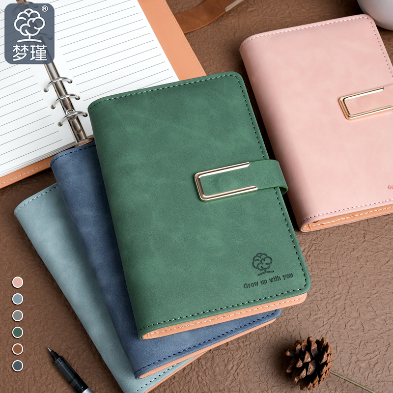 梦瑾加厚皮面活页笔记本子简约A6学生用软皮外壳日记本活页夹可拆卸记事本学生用商务办公工作专用会议记录本