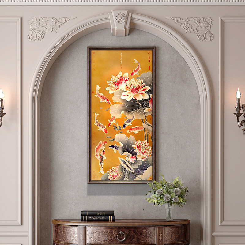 锦鲤荷花九鱼图走廊玄关中式装饰画金色大气高级实木挂画新家好礼图片