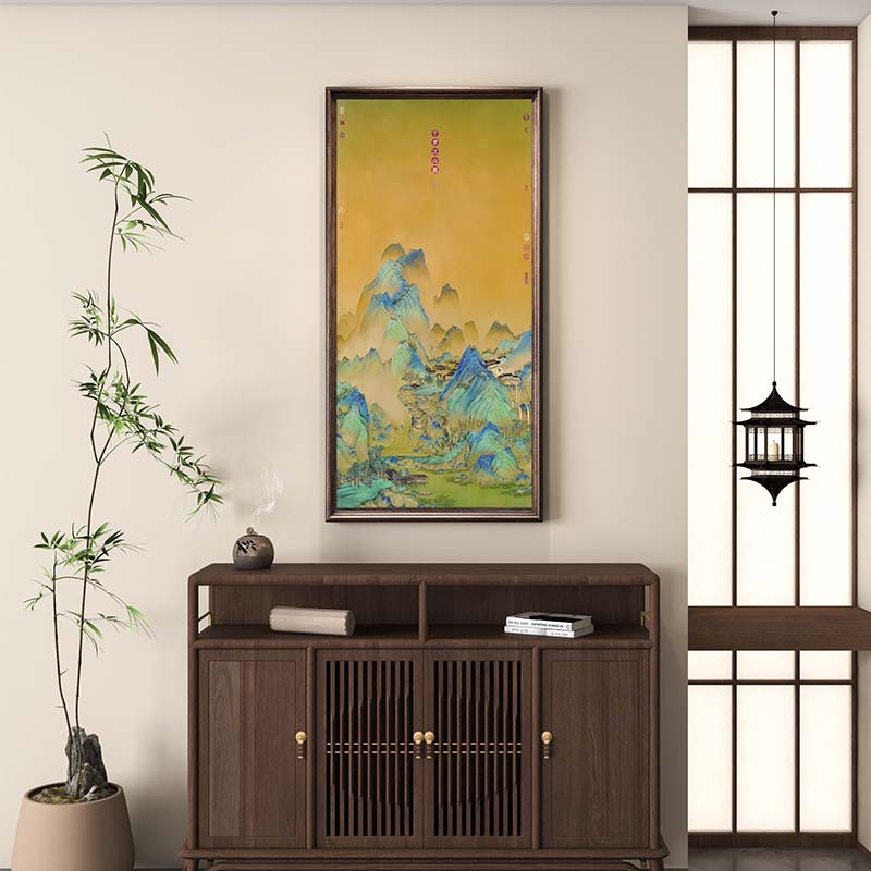 别墅装饰画背景墙挂画靠山铜画入户玄关造景中式千里江山图铜板画图片