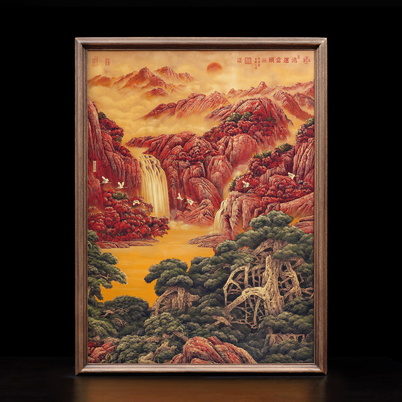 鸿运当头中式山水画中国风客厅装饰画玄关挂画大气轻奢禅意铜壁画