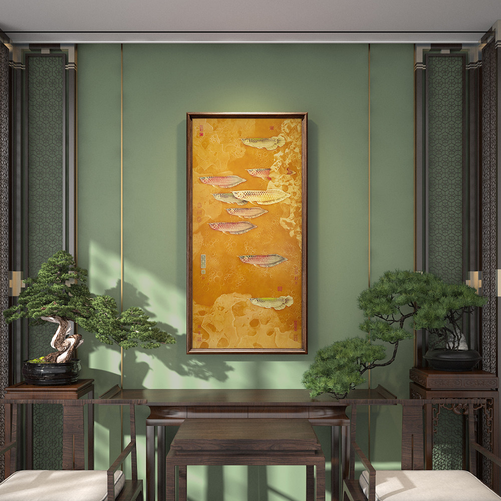 新中式九鱼图客厅玄关装饰画金龙鱼招财画走廊过道挂画寓意好铜画