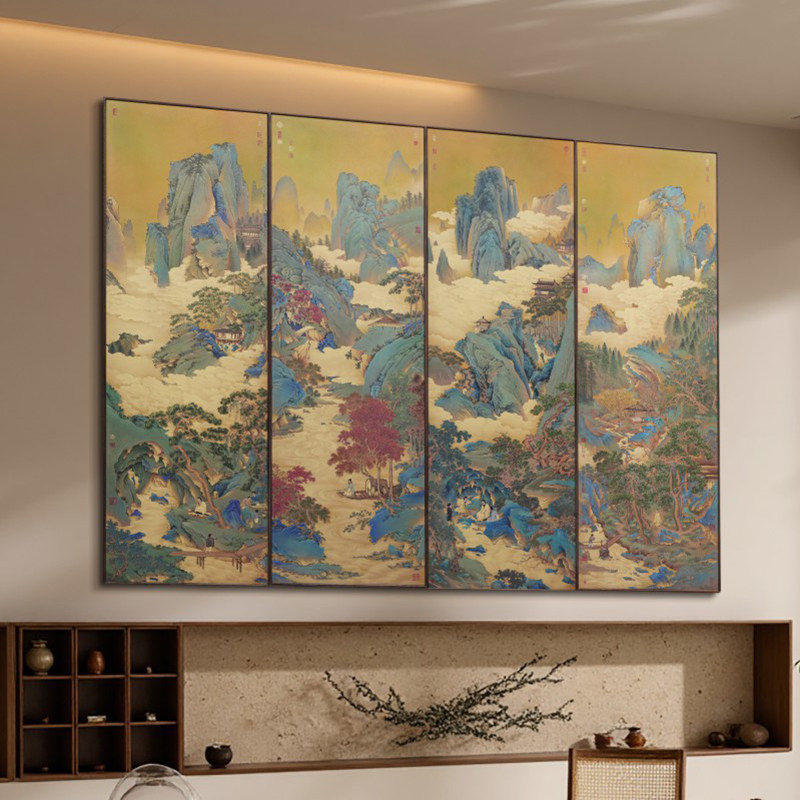 禧乐长安四联屏仇英黄铜画中式复古装饰画客厅书房背景墙山水壁画