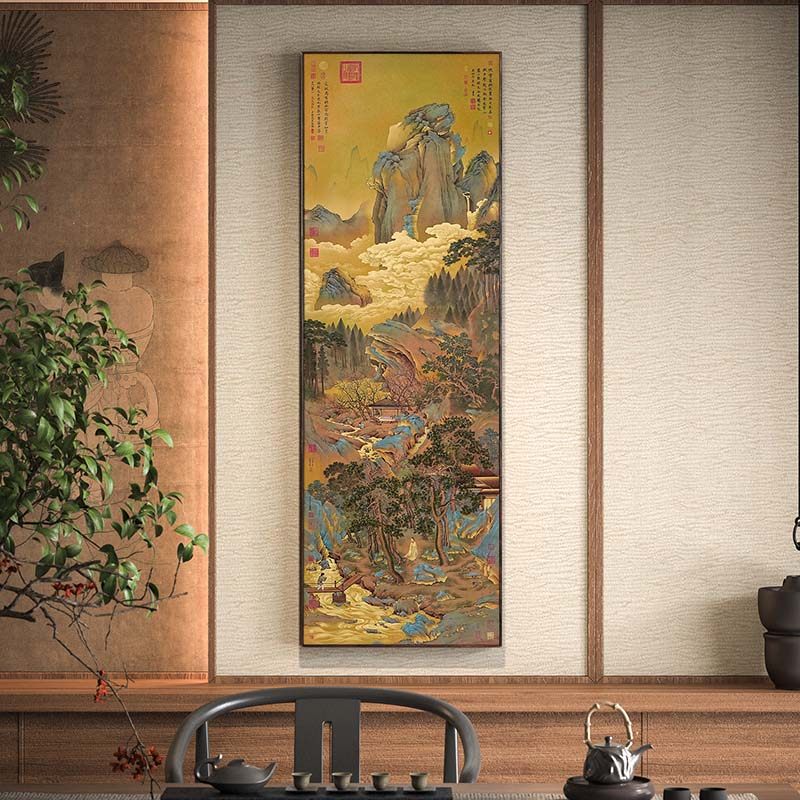 新中式山水挂画桃村草堂图客厅玄关装饰画国风艺术壁画田园风景画