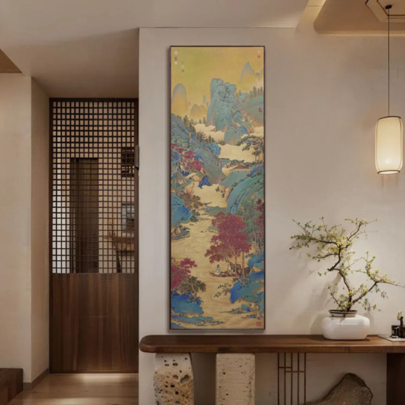 枫溪垂钓图仇英黄铜画手工彩烧山水画新中式客厅书房背景墙装饰画