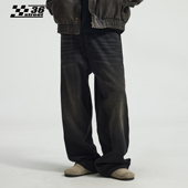 男士 宽松秋冬新款 美式 高级纳米水洗黑色牛仔裤 高街潮牌直筒阔腿裤