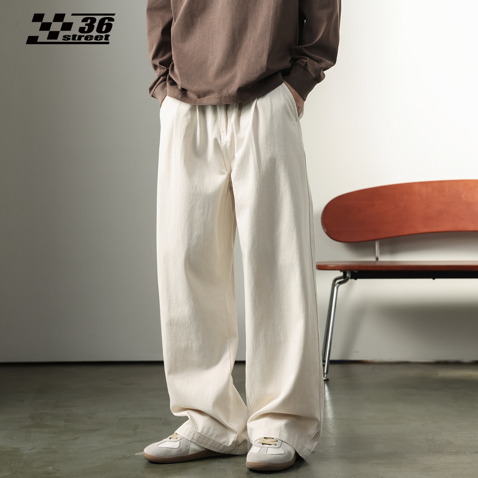 日系米白色休闲裤男宽松秋季