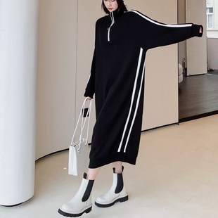 韩国秋冬条纹高个子卫衣女超长款显瘦宽松大码加绒加厚连衣裙长裙