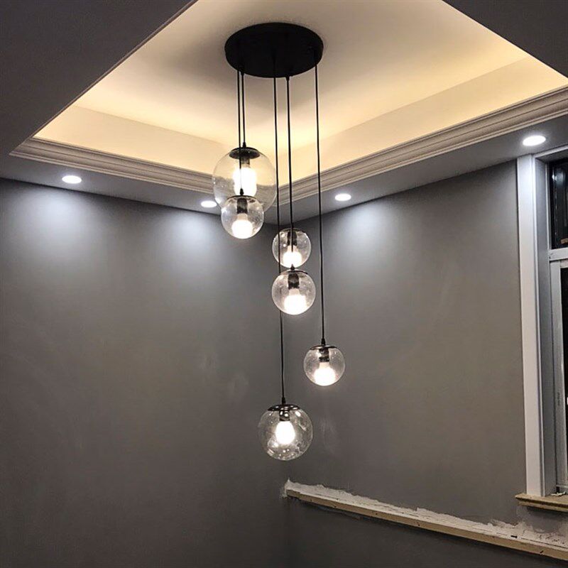 北欧简约复式楼梯灯透q明玻璃圆球长吊灯 美式别墅客厅餐厅大堂灯