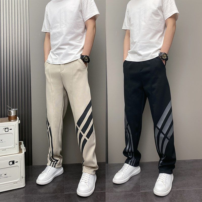 2024年冬季加绒加厚潮流韩版条纹宽松哈伦直筒青年男士休闲卫裤子
