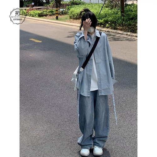 日系浅蓝色衬衫男长袖春秋复古港风飘带设计感宽松垂感情侣装外套