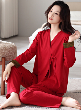 红色睡衣女士长袖纯棉春秋季2024新款喜庆结婚和服家居服本命年夏
