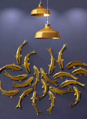 北欧创意金色陶瓷鱼群酒店餐厅玄关背景墙面壁挂装饰软装九鱼搭配
