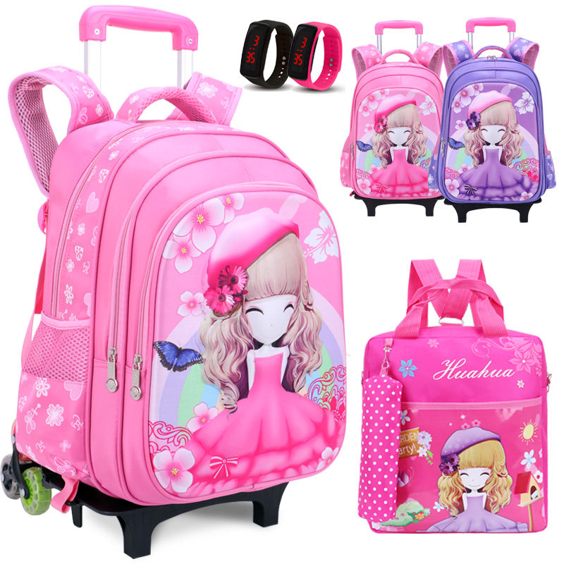 拉杆书包女孩小学生l爬楼梯可拆卸女童6-12周岁公主手拖拉2022新