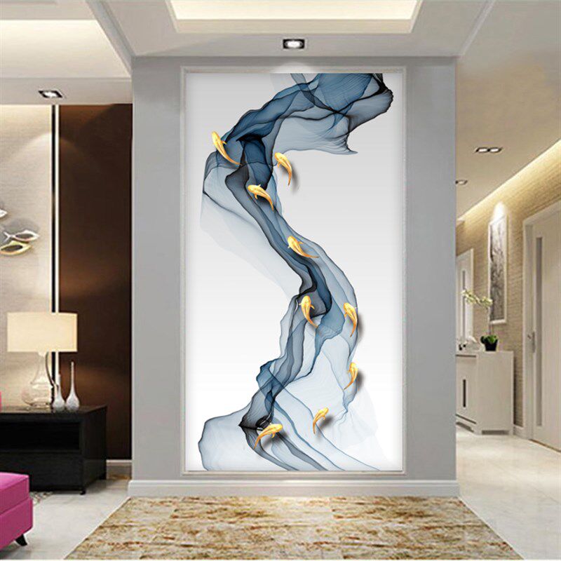 现代新中式玄f关壁纸抽象水墨九鱼图进门墙书房楼梯口竖版墙布壁