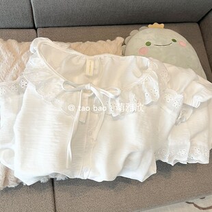 公主风白色睡衣女款夏o季短袖短裤两件套甜美花边少女可外穿家居