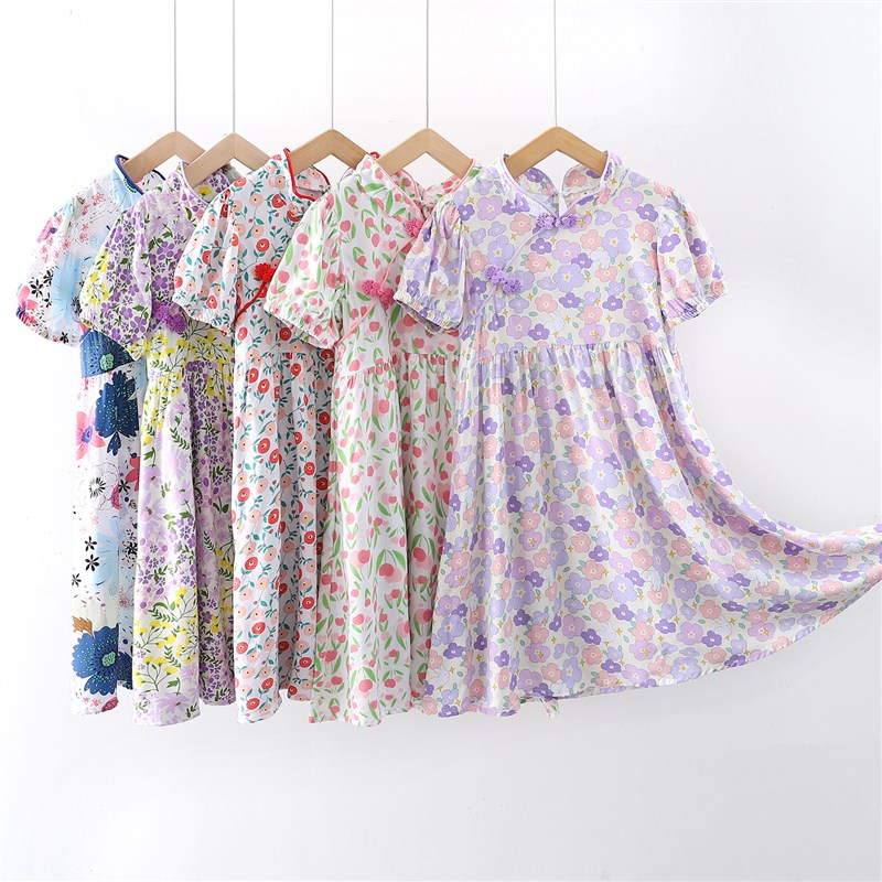 人造棉儿童旗袍夏季中国风宝宝裙子绵绸女童连衣裙棉绸Z大童公主