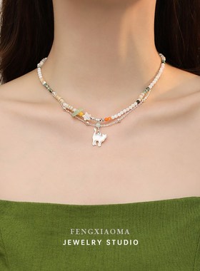 彩色多巴胺双层串珠猫咪项链配饰女独特简约可爱百搭小清新锁骨链