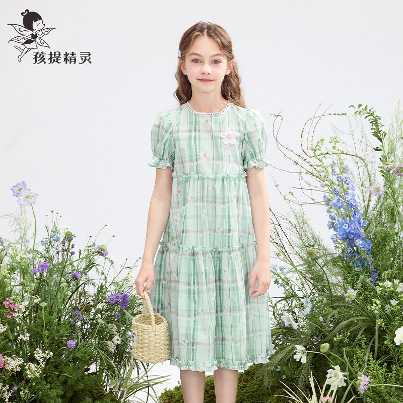 女童绿色纯棉格纹连衣裙2025夏装新款洋气大童碎花裙子儿童公主裙
