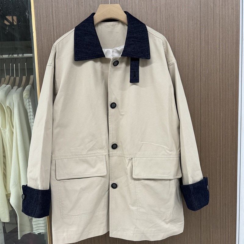 英伦风撞色休闲风衣女2025春新款时尚翻领宽松中长款外套女 2002W