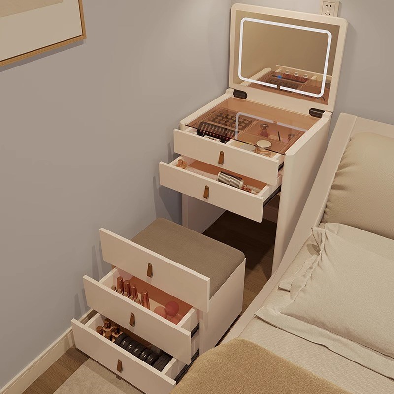 奶油风床头柜梳妆台简约现代w小户型卧室收纳一体翻盖实木迷你妆
