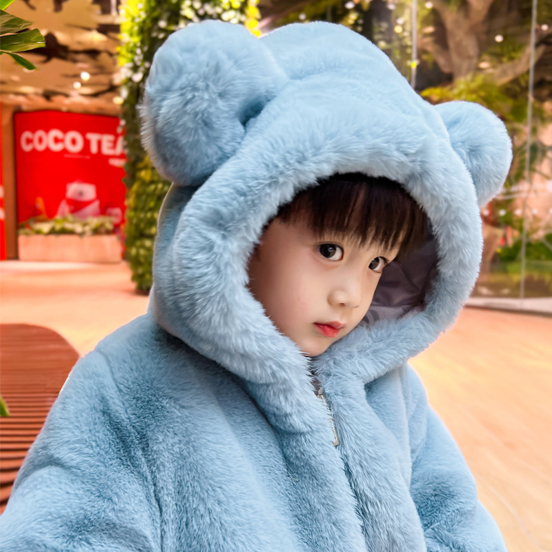 男童冬装宝宝加厚棉衣儿童仿v皮草外套女孩兔绒上衣中长款宽松棉