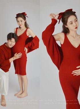 孕妇照服装影楼专用艺r术照摄影服饰本命年红色大肚妈咪照连衣裙